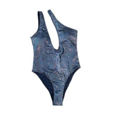 Traje de baño de una pieza con un hombro al descubierto, metalizado y estampado de piel de serpiente